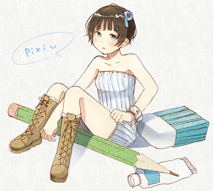 bangs bare_shoulders black_hair blue_eyes blunt_bangs blush boots dress eraser hair_ornament open_mouth original pencil pixiv short_hair sitting solo strapless_dress yoshioka_mitsuko