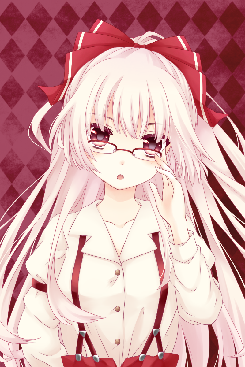 argyle_background bespectacled bow bust dress_shirt fujiwara_no_mokou glasses hair_bow head_tilt highres hime_cut kai_akatsuki_mare kai_aki long_hair looking_at_viewer open_mouth red_eyes shirt silver_hair suspenders touhou