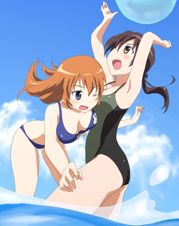 arms_up ball bikini blue_eyes blush breasts brown_eyes brown_hair charlotte_e_yeager cleavage cloud clouds gertrud_barkhorn komatsu_(sakanae) multiple_girls one-piece_swimsuit open_mouth sky strike_witches swimsuit wading water wince wink