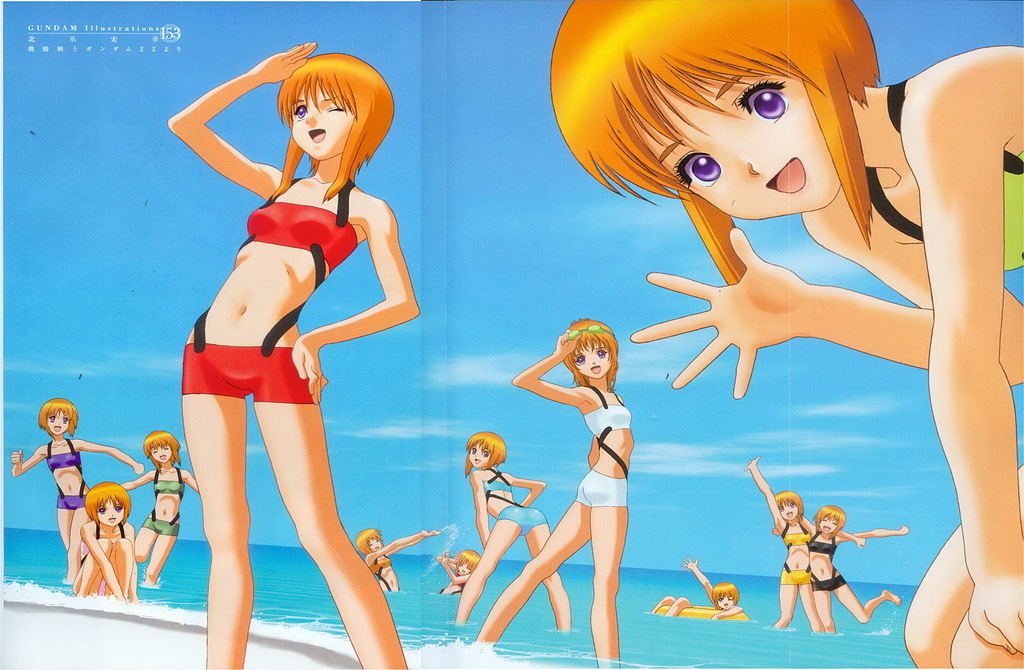 clone closed_eyes elpeo_puru goggles gundam gundam_unicorn gundam_zz kitazume_hiroyuki looking_back marida_kruz midriff multiple_girls ocean orange_hair purple_eyes puru_two splash swimsuit wading water