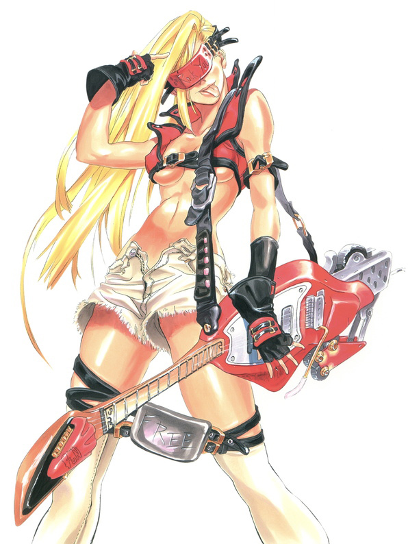 1girl :p bare_shoulders blonde_hair breasts cosplay covered_eyes cutoffs electric_guitar fingerless_gloves forehead_protector gloves guilty_gear guitar instrument ishiwatari_daisuke kneehighs long_hair marker_(medium) midriff millia_rage navel official_art open_fly shorts single_sleeve sol_badguy sol_badguy_(cosplay) solo tongue tongue_out traditional_media under_boob unzipped vest