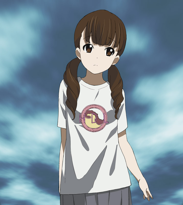 brown_eyes brown_hair clothes_writing extra head_tilt k-on! long_hair looking_away solo t-shirt twintails wakaouji_ichigo