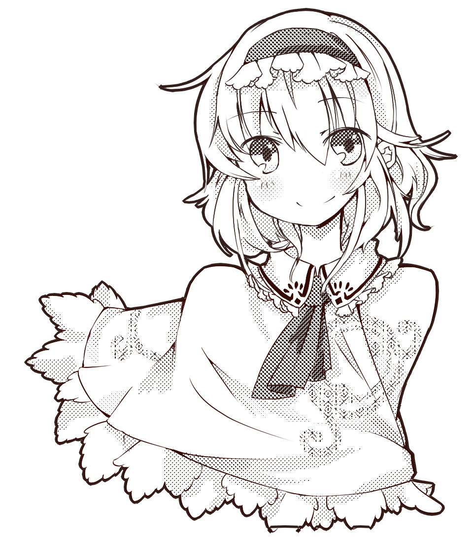 ascot bust capelet dithering face hairband halftone monochrome rl short_hair smile touhou