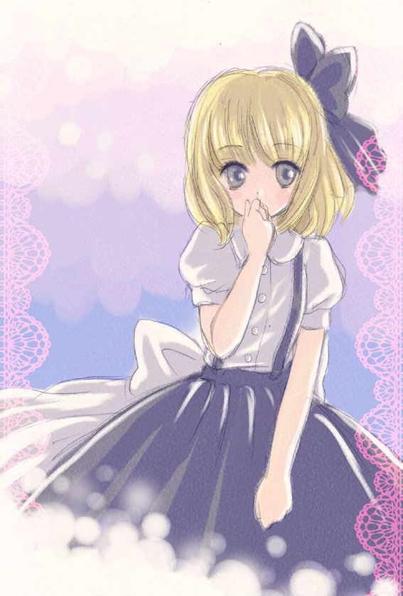 alice_margatroid alice_margatroid_(pc-98) blonde_hair blue_eyes bow covering_mouth hair_bow hanaki_misa short_hair solo suspenders touhou touhou_(pc-98)