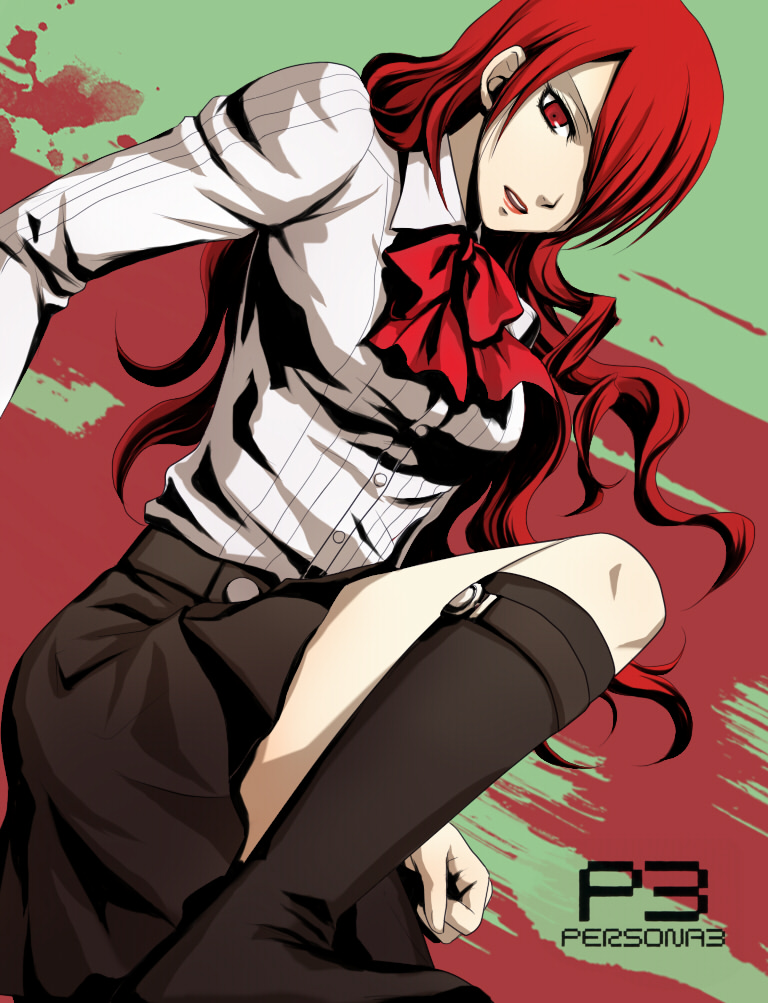 bow hair_over_one_eye hitoha kirijou_mitsuru long_hair persona persona_3 red_eyes red_hair redhead school_uniform skirt smile
