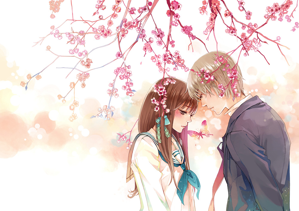 blush brown_hair butterfly cherry_blossoms couple long_hair looking_down school_uniform short_hair tung&amp;daisy