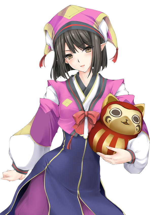 baggy_clothes bangs black_hair blunt_bangs blush bow brown_eyes cat crop_top doll dress felyne fingernails flat_chest hat head_tilt holding japanese_clothes kizuki_aruchu konoha_(mhp3) long_fingernails long_sleeves looking_at_viewer monster_hunter monster_hunter_portable_3rd open_mouth parted_bangs pointy_ears ribbon short_hair side_slit simple_background smile solo standing striped yellow_eyes