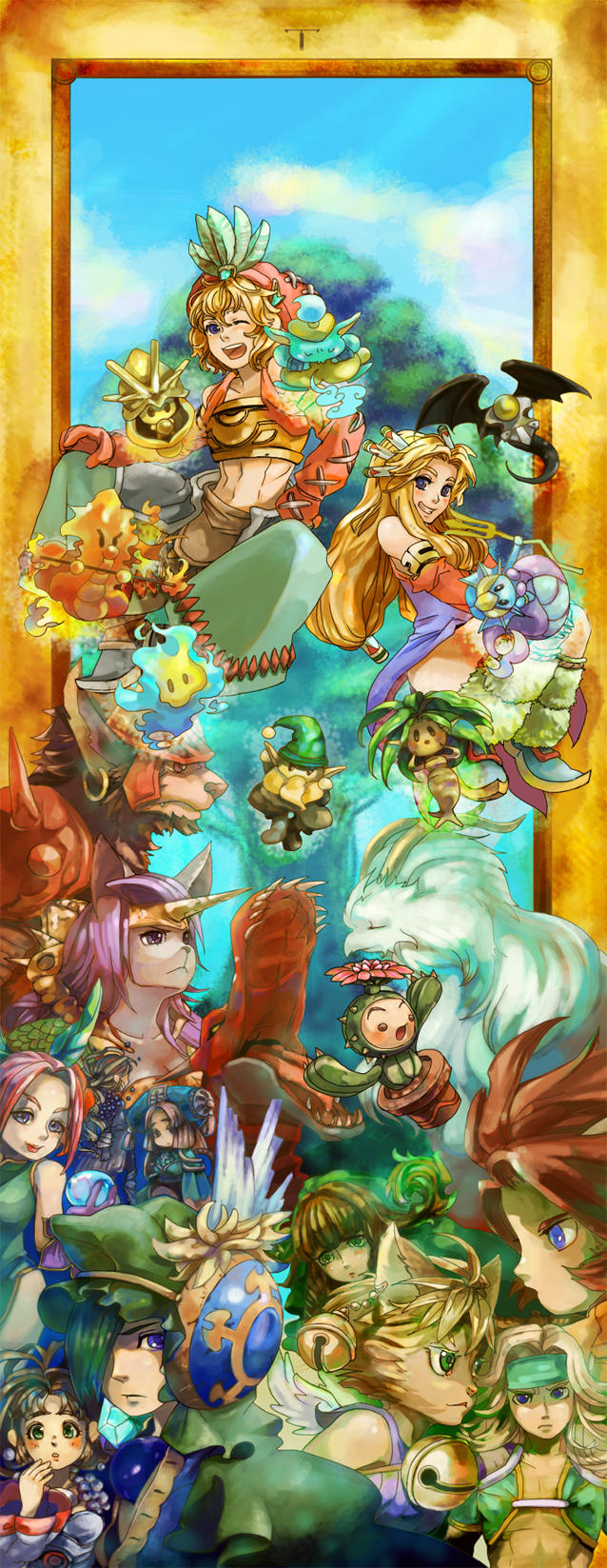 blonde_hair cactus cat_ears daena dryad_(seiken_densetsu) elazul escad everyone florina florina_(lom) furry gnome_(seiken_densetsu) green_eyes green_hair hat highres horns imu irwin jinn_(seiken_densetsu) lady_pearl larc_(lom) legend_of_mana lil'_cactus lil'_cactus long_hair luna_(seiken_densetsu) matilda_(lom) oitsukenai pearl purple_eyes purple_hair salamander_(seiken_densetsu) sandra seiken_densetsu shade_(seiken_densetsu) sierra toto undine_(seiken_densetsu) vadise will-o'-wisp_(seiken_densetsu) wisp_(seiken_densetsu)