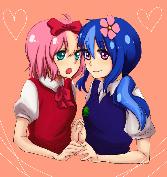 2girls blue_hair bow giggles green_eyes hair_ornament happy_tree_friends heart holding_hands multicolored_hair multiple_girls open_mouth petunia pink_eyes pink_hair smiling two-tone_hair two_tone_hair