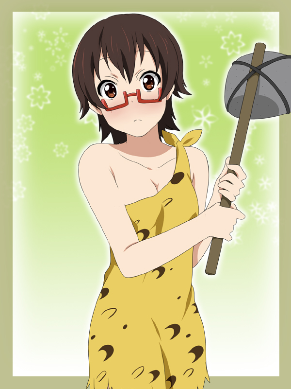 brown_hair caveman cosplay face glasses ikari_manatsu k-on! manabe_nodoka red-framed_glasses rock semi-rimless_glasses short_hair solo tools under-rim_glasses