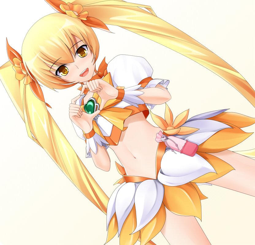 blonde_hair blush cure_sunshine error eto flat_chest flower hair_ribbon heart heart_hands heartcatch_precure! long_hair magical_girl md5_mismatch midriff myoudouin_itsuki navel orange_(color) orange_dress polydactyly precure ribbon skirt smile solo twintails very_long_hair white_background wrist_cuffs