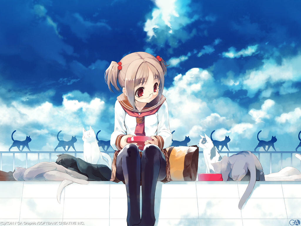 bag brown_hair cat cloud eating fence gagraphic glasses hair_bobbles hair_ornament koin koin_(foxmark) light_brown_hair original pantyhose peaceful red_eyes school_uniform serafuku short_hair short_twintails sitting sky soft_beauty solo thighhighs too_many_cats twintails wall wallpaper