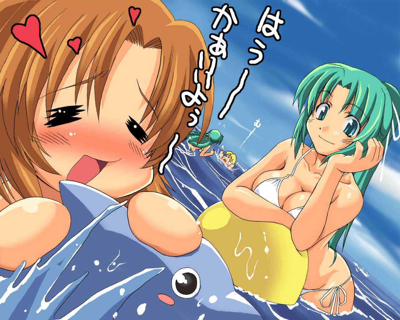 bikini breasts brown_hair cleavage dolphin furude_rika green_hair higurashi_no_naku_koro_ni houjou_satoshi jpeg_artifacts ponytail ryuuguu_rena siblings sonozaki_mion sonozaki_shion swimsuit take_it_home twins