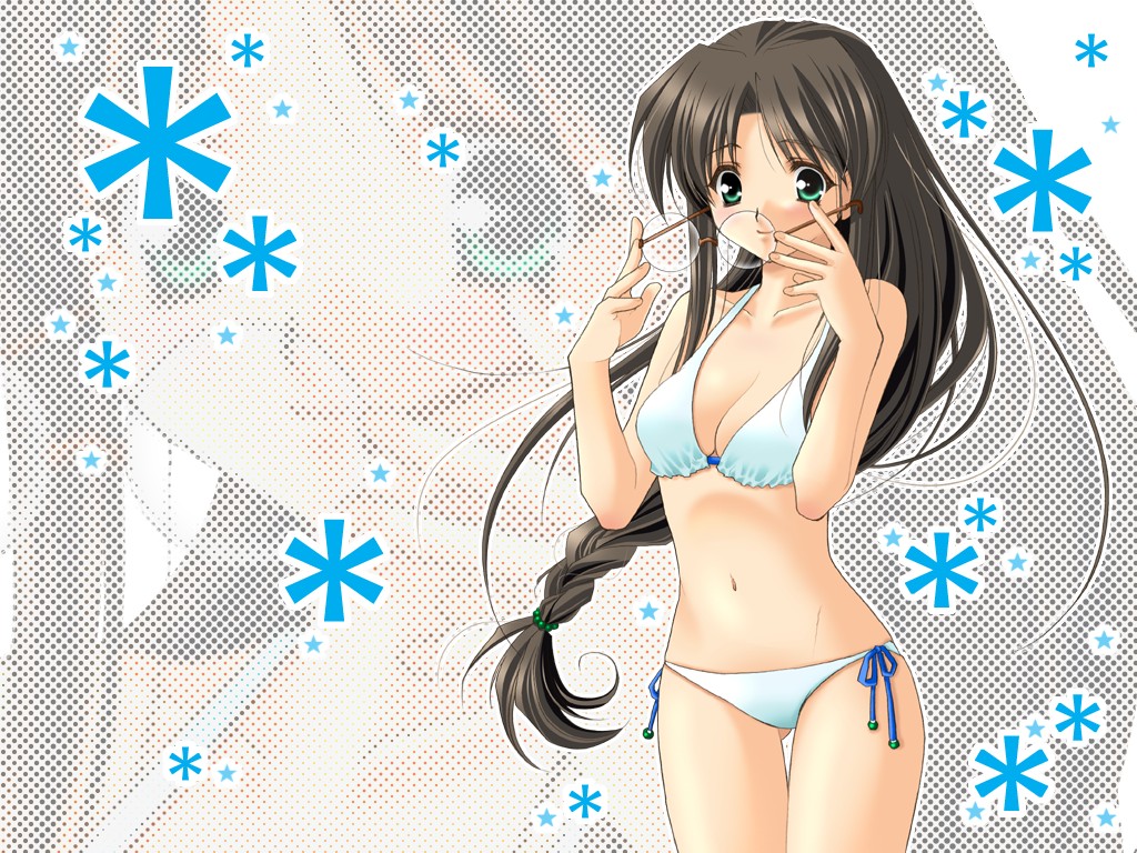 artist_request bikini braid brown_hair character_request glasses green_eyes side-tie_bikini skintight smile swimsuit wallpaper zoom_layer