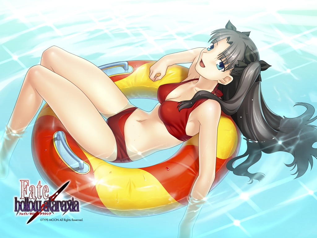 00s 1girl 2006 afloat armpits bangs bikini black_hair blue_eyes blush breasts cleavage fate/hollow_ataraxia fate/stay_night fate_(series) feet_in_water from_above hair_ribbon innertube legs long_hair lying navel official_art on_back open_mouth parted_bangs pool reclining red_bikini relaxing ribbon shiny shiny_hair skintight smile soaking_feet solo sparkle sunbeam sunlight swimsuit takeuchi_takashi thigh_gap tohsaka_rin toosaka_rin twintails type-moon wallpaper water wet