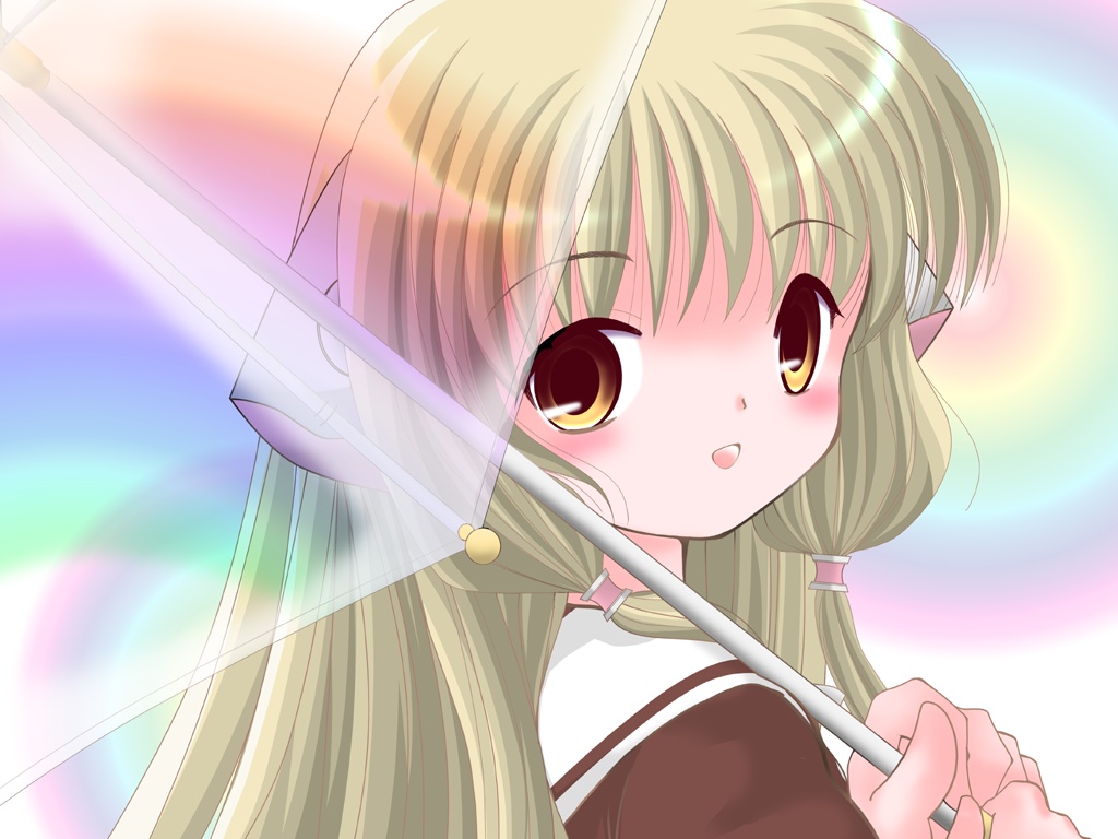 1girl :d artist_request blonde_hair chii chobits face hair_tubes looking_at_viewer looking_back open_mouth rainbow robot_ears school_uniform see-through serafuku smile solo transparent_umbrella umbrella wallpaper yellow_eyes