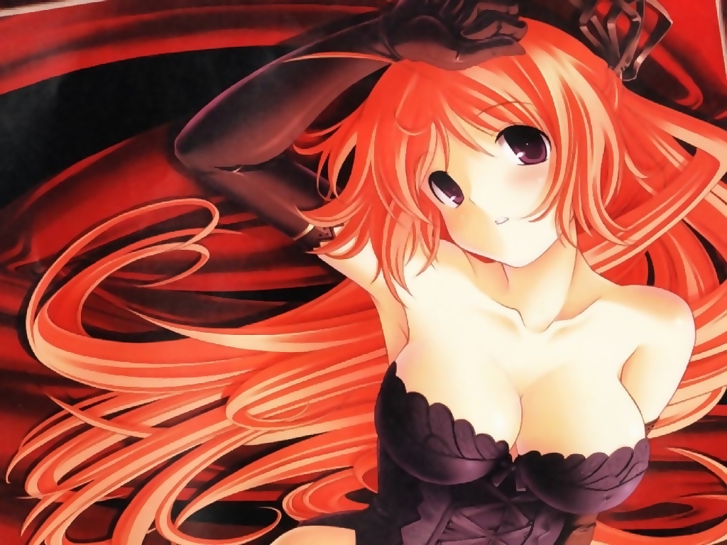 bare_shoulders black breasts bustier cleavage corset elbow_gloves fire gloves gothic large_breasts lingerie long_hair lying natural_another_one_2nd_belladonna on_back orange_hair purple_eyes solo tsurugi_hagane underwear very_long_hair wallpaper yachigusa_itsuki