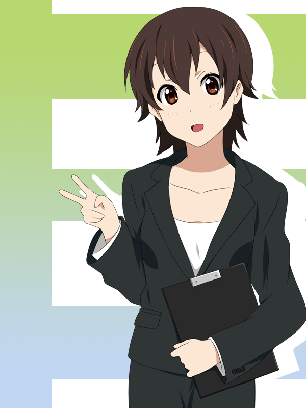 adult brown_eyes brown_hair business_suit clipboard face formal ikari_manatsu k-on! manabe_nodoka no_glasses open_mouth pant_suit short_hair smile solo suit v