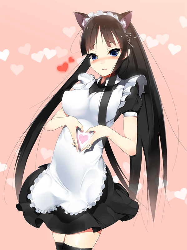 animal_ears bad_id black_hair black_legwear black_thighhighs blue_eyes blush frills heart heart_hands k-on! kazyar long_hair maid maid_headdress moe_moe_kyun! solo thigh-highs thighhighs very_long_hair zettai_ryouiki