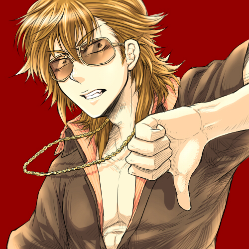 brown_hair jewelry lowres male nari830 necklace open_clothes open_shirt original shirt solo sunglasses thumbs_down