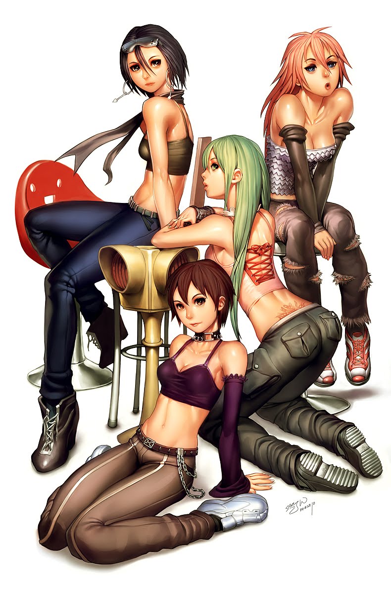 arm_support bare_shoulders belt between_legs boots breasts capcom casual chain character_request choker cleavage contemporary crop_top detached_sleeves final_fight hand_between_legs highres jeans justice_gakuen kasugano_sakura kazama_akira kneeling long_hair looking_back midriff morrigan_aensland multiple_girls poison_(final_fight) rival_schools saejin_oh scarf shoes sitting sneakers street_fighter tattoo vampire_(game) wariza