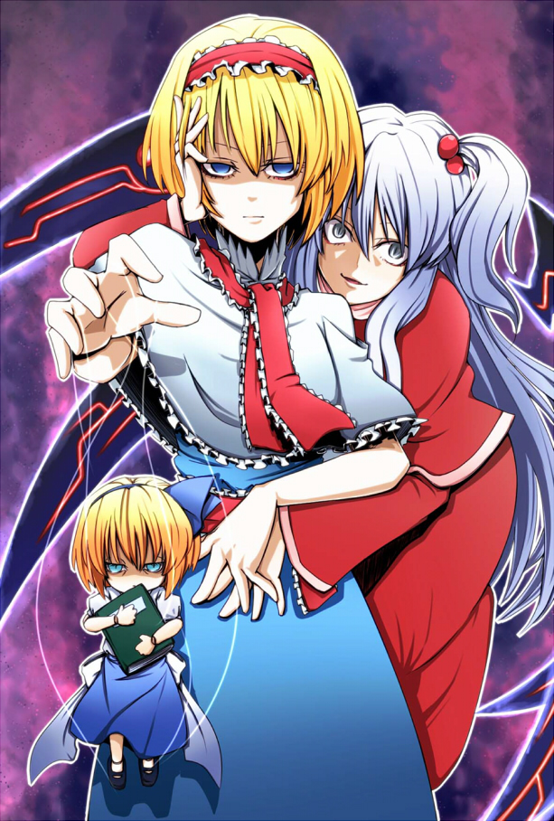 alice_margatroid alice_margatroid_(pc-98) blonde_hair blue_eyes blue_hair book capelet character_doll crazy_eyes creepy doll empty_eyes hair_bobbles hair_ornament hairband hiro_(scarlettginger) hug hug_from_behind long_hair looking_at_viewer marionette multiple_girls shinki short_hair side_ponytail slit_pupils string touhou touhou_(pc-98) very_long_hair wings