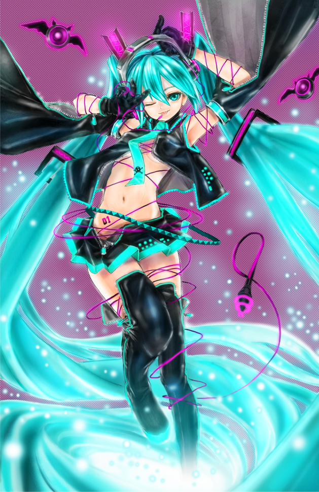 aqua_eyes aqua_hair armpits arms_up bad_id boots breasts daishou detached_sleeves hatsune_miku headset legs long_hair microphone midriff navel necktie skirt solo thigh-highs thigh_boots thighhighs twintails under_boob underboob unzipped very_long_hair vocaloid wink zipper