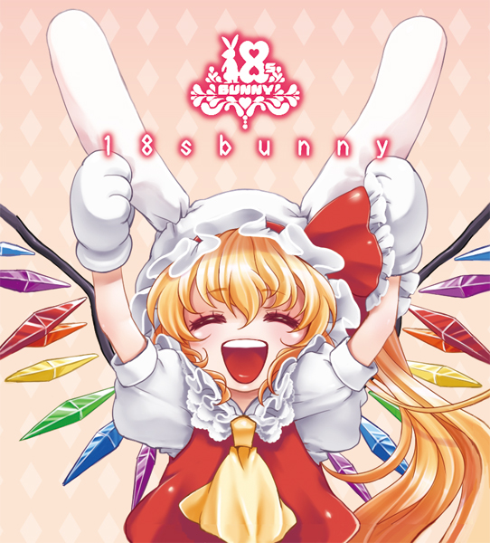 :d animal_ears arms_up blonde_hair bunny_ears bust closed_eyes ear_grab flandre_scarlet gloves hat hat_with_ears open_mouth paw_gloves rabbit_ears side_ponytail smile solo touhou usaki wings