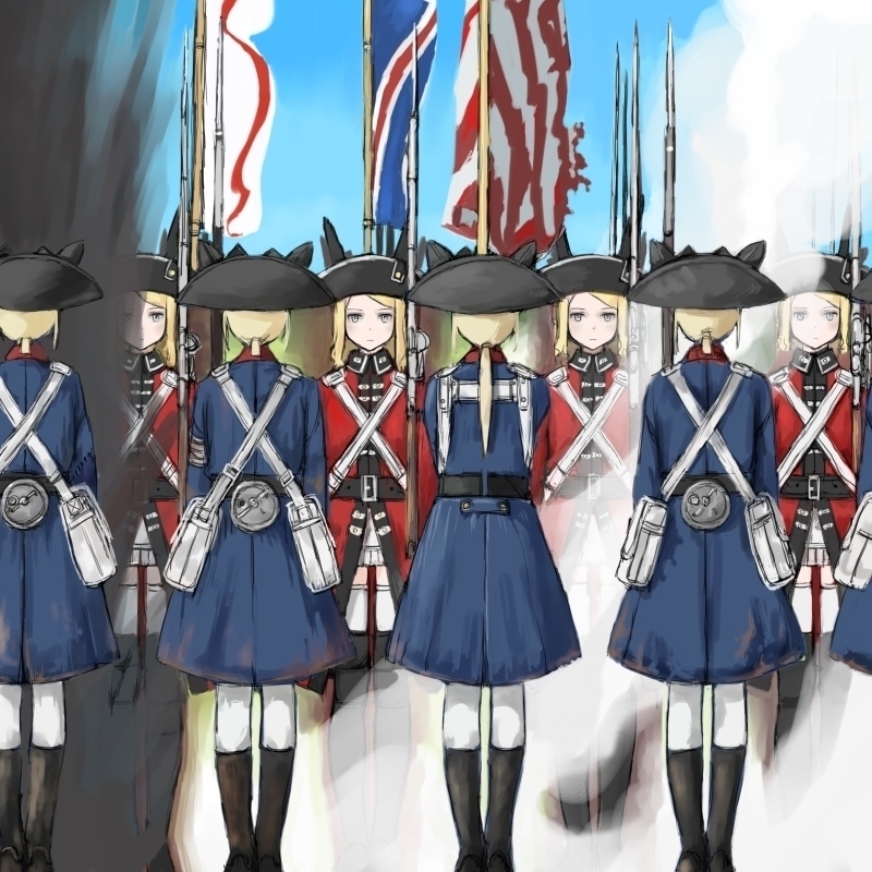 american_flag american_revolution animal_ears animal_hat battle bayonet blonde_hair blue_eyes british brown_bess coat coh english_flag explosion flag flagpole gun hat long_hair military military_uniform musket original ponytail short_hair skirt sky soldier sunlight thigh-highs uniform union_jack war weapon zettai_ryouiki