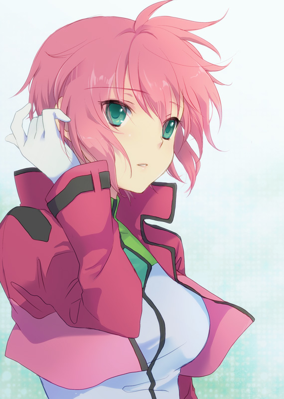 alternate_hairstyle arch_(artist) arm_up bolero face feldt_grace gloves green_eyes gundam gundam_00 gundam_00_a_wakening_of_the_trailblazer lips open_mouth pink_hair plum_(arch) popped_collar short_hair solo uniform white_gloves wind