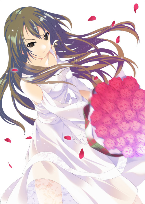 brown_eyes brown_hair dress flower golden_time kaga_kouko long_hair mizuki_makoto petals red_rose rose rose_petals solo wedding_dress