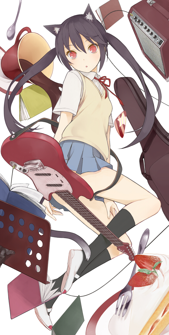 amplifier animal_ears black_hair book brown_eyes cake cat_ears cup floating_object food fork guitar guitar_case instrument instrument_case k-on! kneehighs legs long_hair nakano_azusa nnyu red_eyes school_uniform shoes socks stare teacup tsurime twintails uwabaki