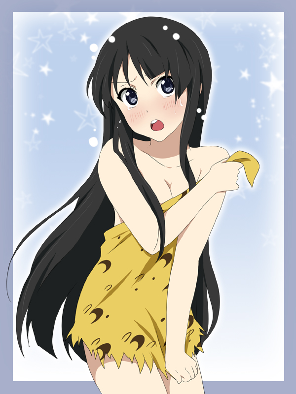 black_hair blue_eyes blush breasts caveman cleavage cosplay face ikari_manatsu k-on! long_hair open_mouth solo star sweatdrop tears very_long_hair