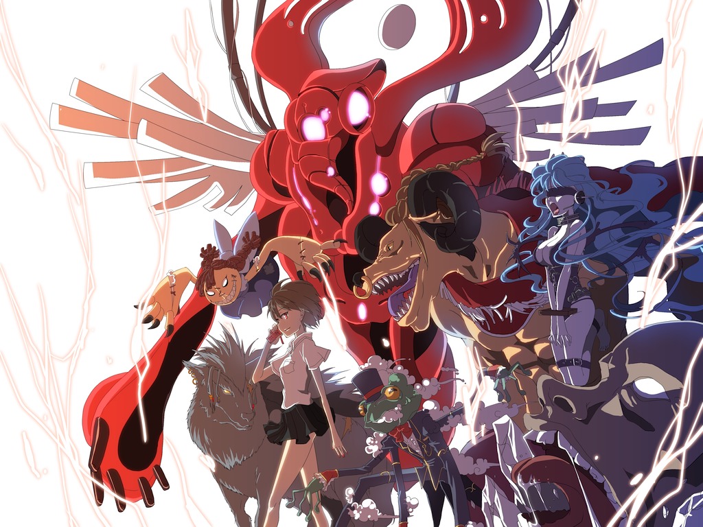 barefoot belt blindfold blue_hair bow breasts brown_eyes brown_hair cellphone claws creature electricity grin hat hiiro_(kikokico) large_breasts long_hair mecha monster nose_ring open_mouth original phone restrained saliva sharp_teeth short_hair skirt smile strap tongue top_hat tuxedo very_long_hair walking yellow_eyes