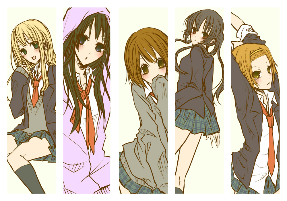 :d akiyama_mio arms_up artist_request band093 black_eyes black_hair black_legwear black_socks blazer blonde_hair blush brown_eyes brown_hair column_lineup covering_mouth green_eyes hairband hand_behind_head hirasawa_yui hoodie k-on! kneehighs kotobuki_tsumugi long_hair long_sleeves looking_back multiple_girls nakano_azusa necktie no_thank_you no_thank_you! open_mouth plaid school_uniform short_hair shuu skirt sleeves_past_wrists smile socks sweater tainaka_ritsu tartan twintails vest