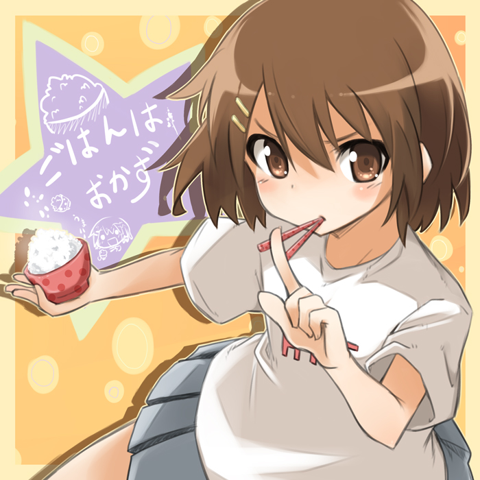 brown_eyes brown_hair chopsticks clothes_writing hirasawa_yui k-on! mouth_hold nanatsu polka_dot rice rice_bowl school_uniform short_hair t-shirt