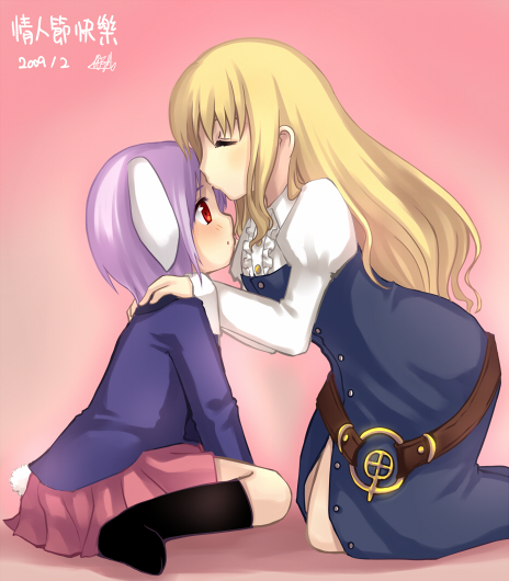 animal_ears bad_id black_legwear blazer blonde_hair blush bunny_ears bunny_tail closed_eyes dress forehead_kiss hands_on_shoulders jing_hu kiss kneehighs kneeling lavender_hair long_hair no_hat no_headwear no_shoes pleated_skirt profile red_eyes reisen short_hair sitting skirt tail touhou wariza watatsuki_no_toyohime