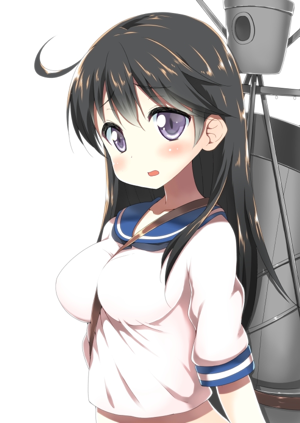 1girl ahoge bangs black_hair blush body_mahattaya_ginga breasts bust collarbone from_side hair_between_eyes impossible_clothes kantai_collection large_breasts long_hair looking_at_viewer midriff open_mouth school_uniform serafuku short_sleeves simple_background solo strap_cleavage tareme ushio_(kantai_collection) violet_eyes white_background