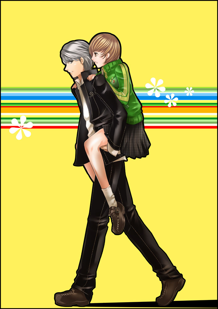 brown_hair grey_hair narukami_yuu persona persona_4 satonaka_chie school_uniform seta_souji short_hair skirt sumi_(joker)