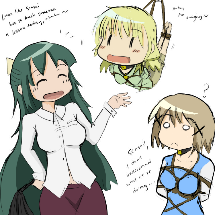 ? bdsm blonde_hair bondage choker drawfag english green_hair hair_ornament hidamari_sketch long_hair miyako o_o rope short_hair yoshinoya yuno