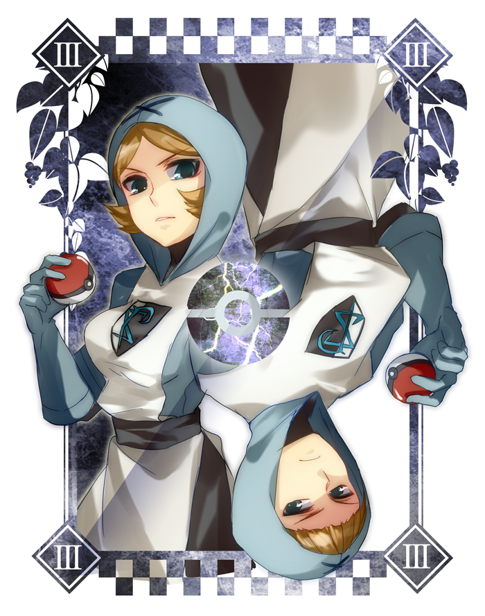 brown_hair card card_(medium) elbow_gloves gloves hatsuga_genmai holding holding_poke_ball hood poke_ball pokemon pokemon_(game) pokemon_black_and_white pokemon_bw surcoat team_plasma