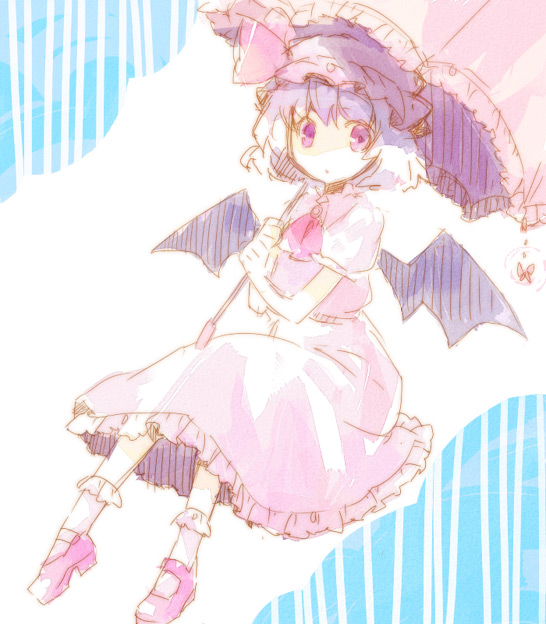 :o ascot bad_id bat_wings blue_hair butterfly dress hat no_nose parasol pink_eyes pink_hair red_eyes remilia_scarlet short_hair sitting solo touhou umbrella wings