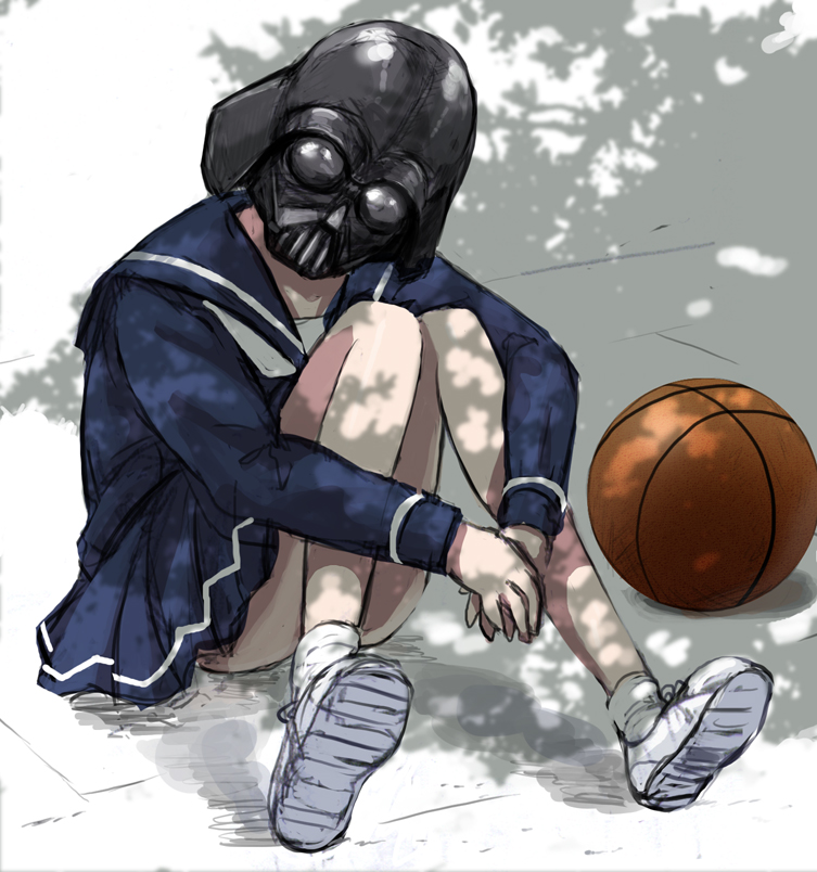 1girl basketball darth_vader funakura love_plus parody school_uniform serafuku shoes sitting sketch skirt star_wars