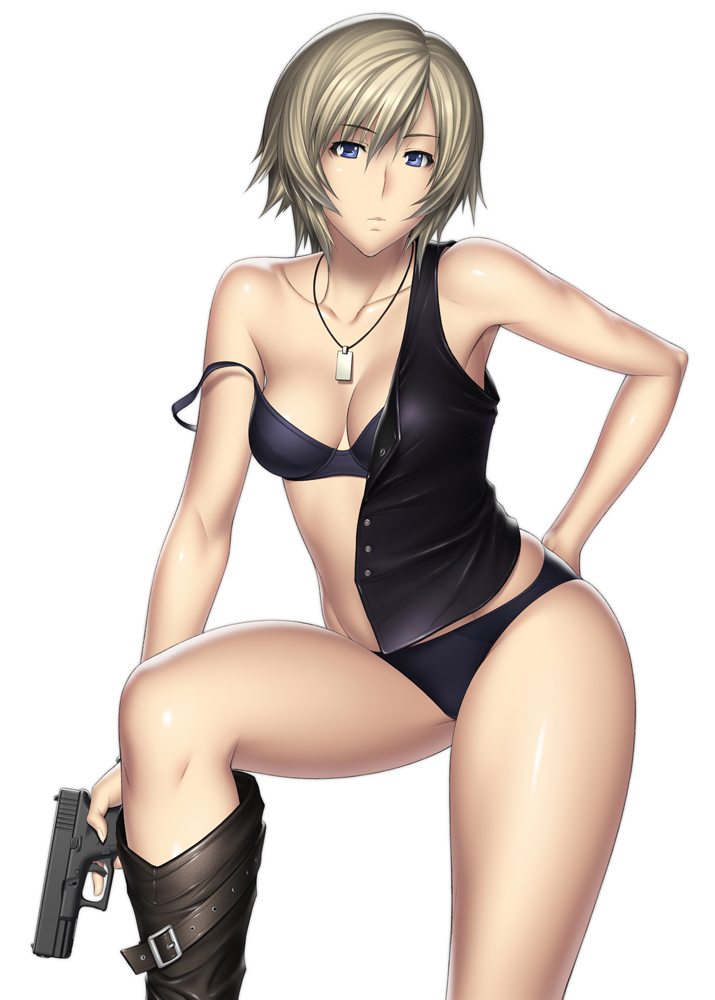 bare_shoulders belt blonde_hair blue_eyes boots bra collarbone glock gun hand_on_hip handgun kansuke lingerie open_clothes panties parasite_eve pistol short_hair solo strap_slip underwear weapon