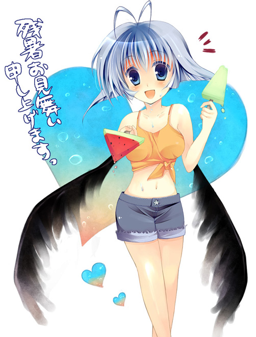 antenna_hair bare_legs bare_shoulders black_wings blue_eyes blue_hair casual contemporary food fruit heart ice_cream kage_no_utage kamyu midriff navel open_mouth popsicle short_hair silver_hair smile solo suika_bar sweat tank_top utawareru_mono watermelon wings zanshomimai