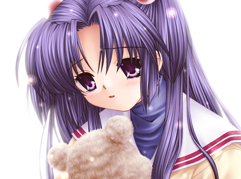 1girl bear clannad game_cg hair_bobbles hair_ornament ichinose_kotomi long_hair official_art school_uniform smile solo stuffed_animal stuffed_toy tears violet_eyes white_background