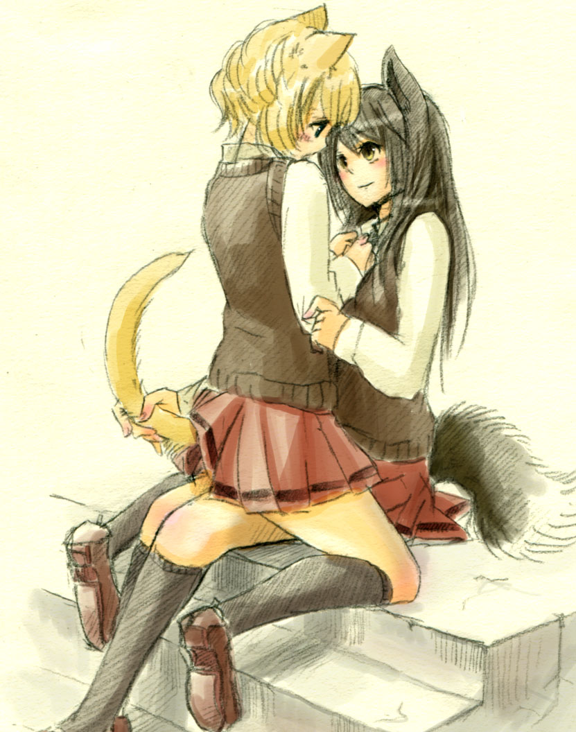 animal_ears black_hair black_legwear black_socks blonde_hair blush cat_ears cat_tail dog_ears dog_tail fuwayu hands_on_chest holding_another's_tail light_smile long_hair multiple_girls original pleated_skirt profile school_uniform short_hair sitting sitting_on_lap sitting_on_person skirt smile socks stairs tail tail_grab traditional_media yellow_eyes yuri