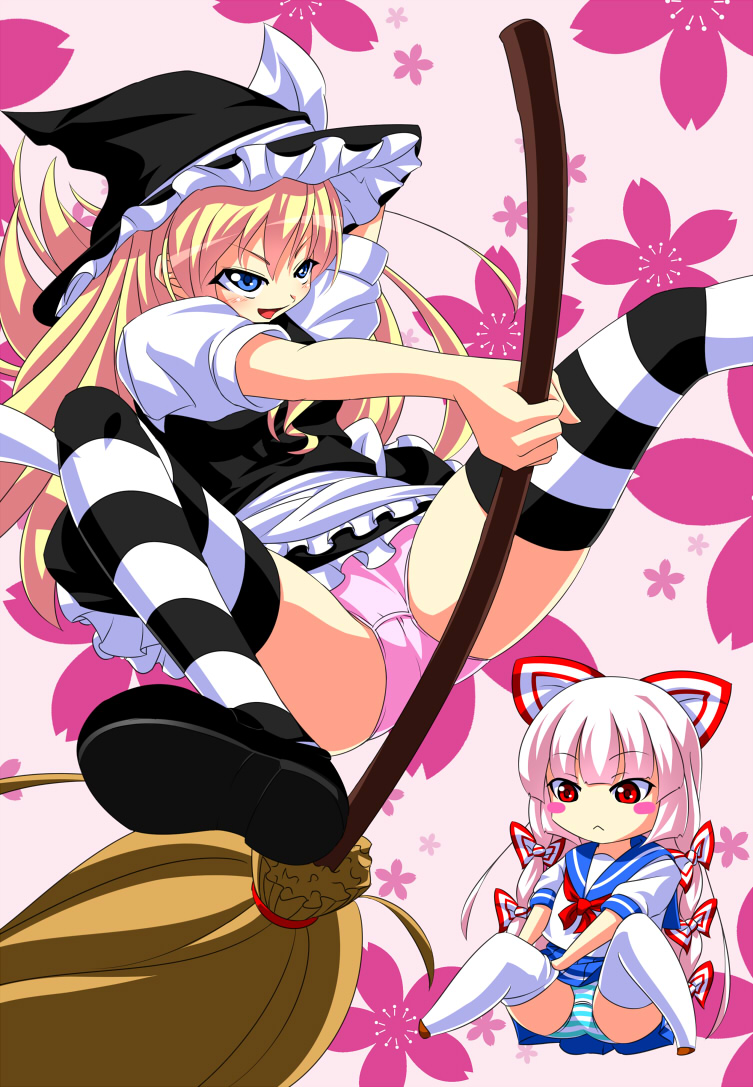 bad_id blonde_hair blue_eyes bow broom fujiwara_no_mokou hair_bow hair_ribbon hat kirisame_marisa long_hair multiple_girls nakki panties pink_panties red_eyes ribbon school_uniform striped striped_legwear striped_panties striped_thighhighs thigh-highs thighhighs touhou underwear witch_hat