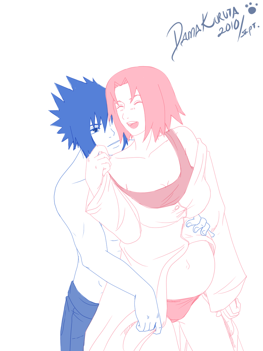 blue couple haruno_sakura monochrome naruto pink pregnant smile uchiha_sasuke