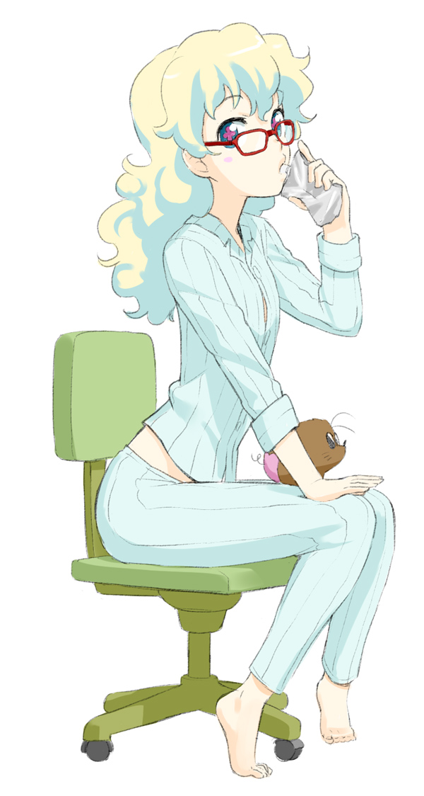 barefoot bespectacled blonde_hair blue_eyes blush boota chair company_connection cosplay drinking feet flat_chest flcl glasses long_hair midriff multicolored_hair nagian nia_teppelin ninamori_eri ninamori_eri_(cosplay) pajamas pouch red-framed_glasses simple_background sitting sitting_on_lap sitting_on_person tengen_toppa_gurren_lagann tiptoes toe-point two-tone_hair wavy_hair